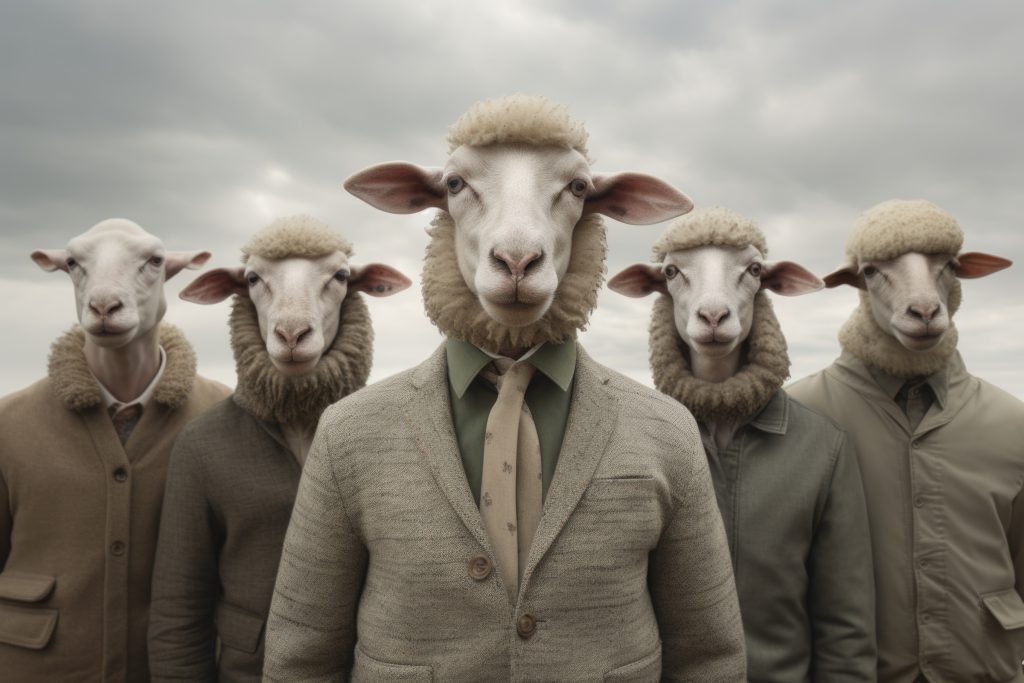 Sheep in the workplace. Following the herd. Referncing to the distopian atmosphere in Severance TV Show.