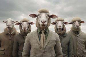 Sheep in the workplace. Following the herd. Referncing to the distopian atmosphere in Severance TV Show.
